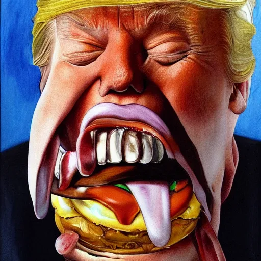 Prompt: donald trump licking a burger with his tongue out, art by jenny saville detailed, sharp, smooth