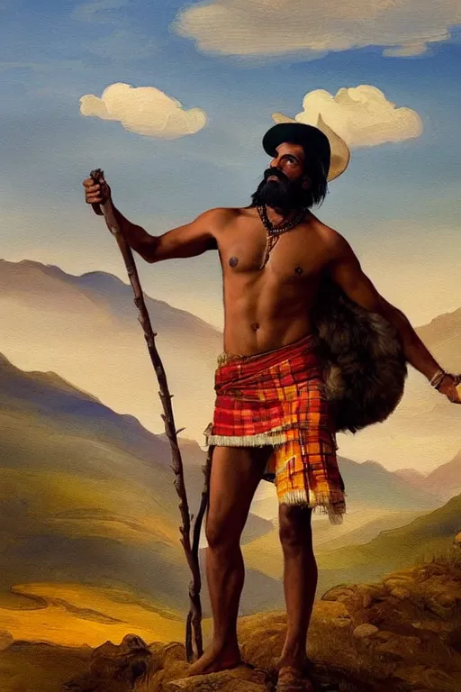 Prompt: a dramatic epic beautiful painting of a very furry handsome shirtless desi man in the mountains | he is wearing a plaid kilt and cowboy hat, and holding a walking stick | background is mountains! and clouds | dramatic lighting, golden hour, homoerotic | by mark maggiori and walter crane | trending on artstation