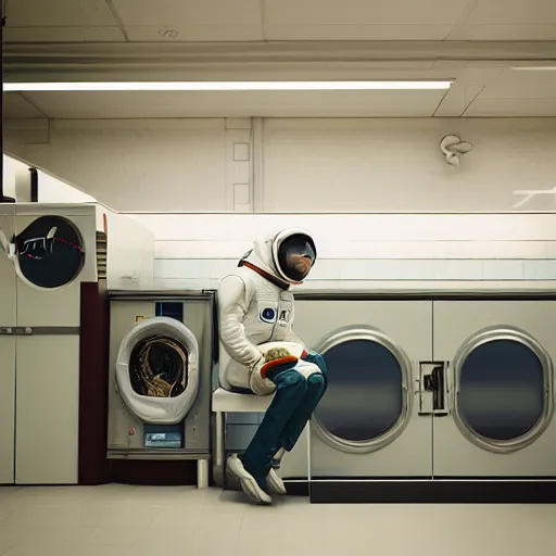 Image similar to a beautiful photo of an astronaut waiting in a laundromat, soft light, morning light, photorealistic, realistic, octane, 8k, cinematic shot