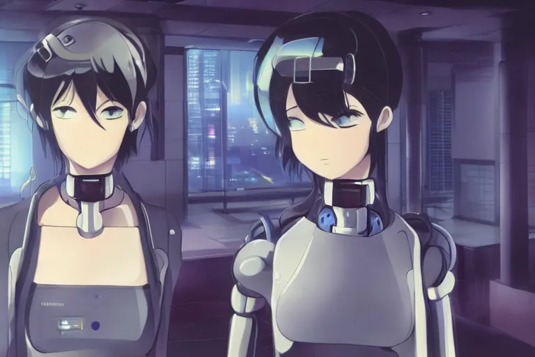 Image similar to makoto shinkai. robotic android girl. futuristic cyberpunk dystopia.