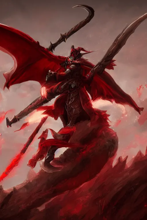 Prompt: a crimson mage riding a large bat as a dar souls boss, digital painting, trending on artstation, 8k, epic composition, intricate details, sharp focus