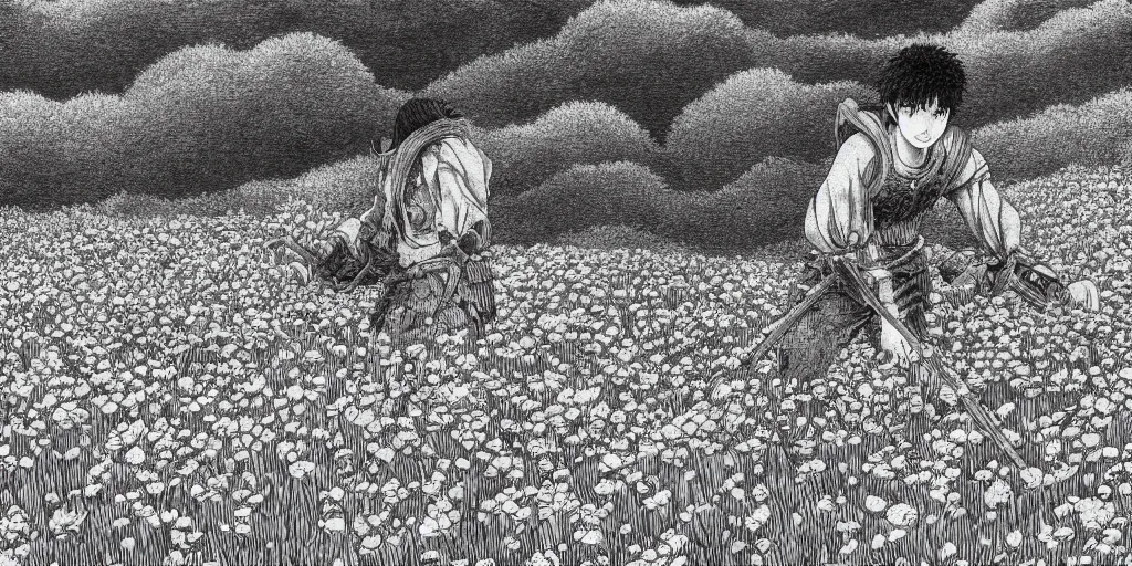 Prompt: Guts in a serene flower field by Kentaro Miura, highly detailed, black and white