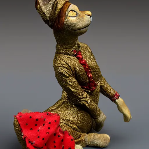 Image similar to Margaret Le Van\'s Alley Cats fashion statuette, wearing festive clothing, full body render, museum quality photo