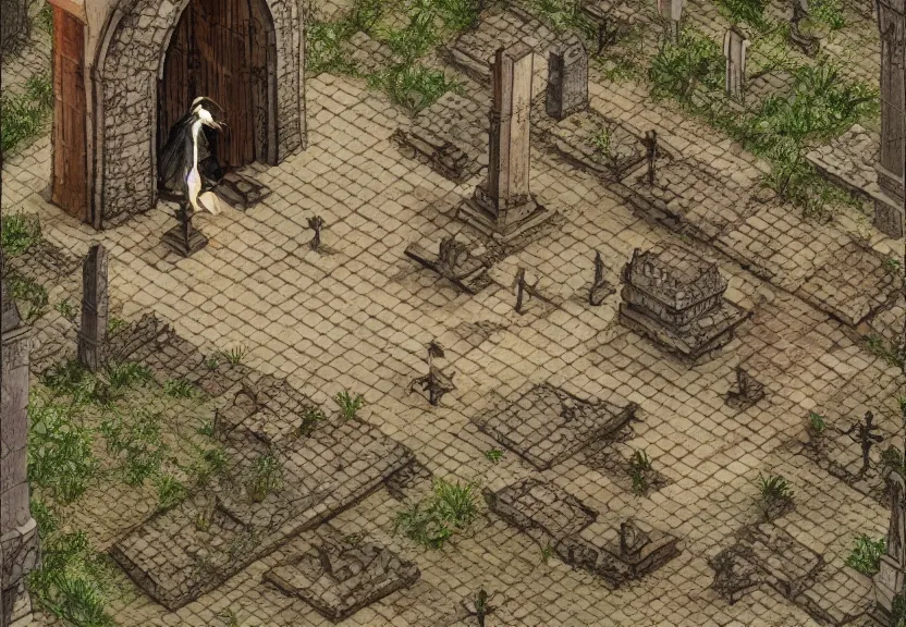 Image similar to a possum dressed like a monk at a medieval cemetery at night, isometric, highly detailed 8k