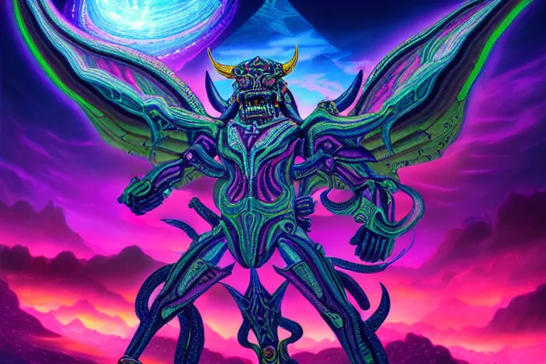 Image similar to epic pose of rebulon the ancient demon, by lisa frank, masterpiece concept art, 8 k, intricate detail, cinematic lighting, epic pose, deep colors, majestic view