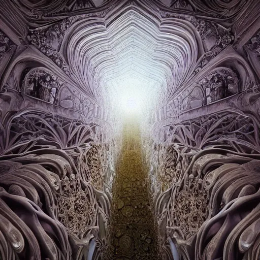 Image similar to a hyperrealistic 3 d painting of a huge sprawling fractal cathedral interior populated by mandelbrot fractals by android jones, unreal engine, carved soap, white color scheme, volumetric lighting, octane render, dramatic lighting, glowing, carved marble, opalescent, carved wood, sacred geometry, religious, angelic, catholicpunk, stark, 8 k, ultra detailed