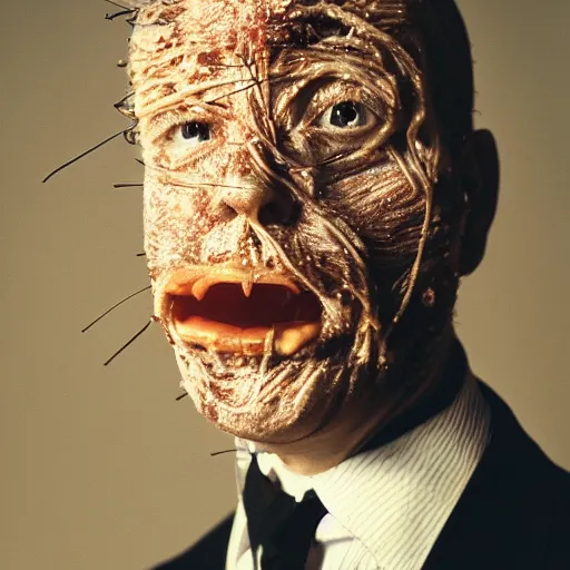 Image similar to spaghetti face man in a suit by john rafman in color, portrait, film photography, direct flash, highly detailed, sharp,