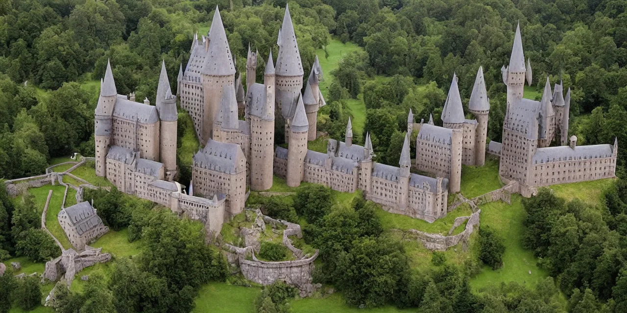Prompt: Hogwarts was built in a valley area — surrounding mountains were part of the landscape — with the fairly large Great Lake to the south of the main building. The huge main oak front doors that led into the Entrance Hall faced west, and opened up to sloping lawns. The deep Forbidden Forest extended around to the west of the castle There were also exterior greenhouses and vegetable patches on the school grounds.
