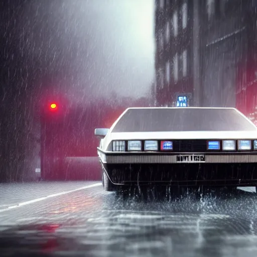 Image similar to hyperdetailed, photorealistic photograph of a dmc 1 2 delorean driving in the streets, rain, night, dense fog, hd, unreal engine 5