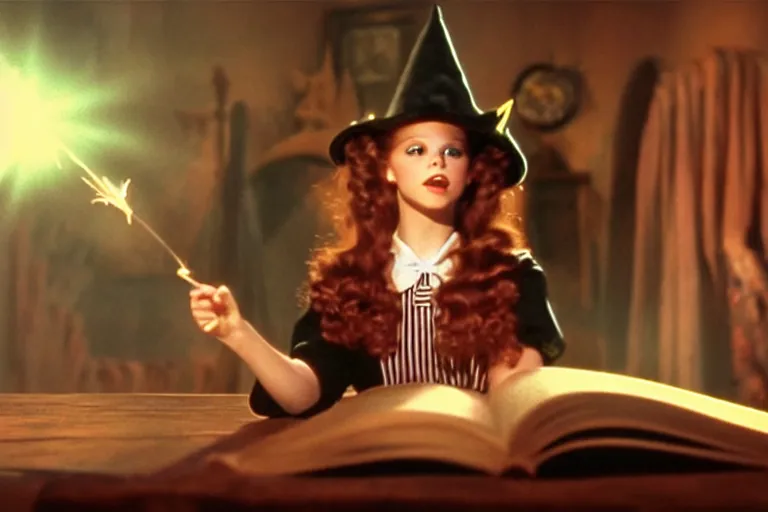 Image similar to close up portrait, dramatic lighting, teen witch calmly pointing a magic wand casting a spell over a large open book on a table with, short hair, cat on the table in front of her, sage smoke, a witch hat cloak, apothecary shelves in the background, still from the wizard of oz and peter pan