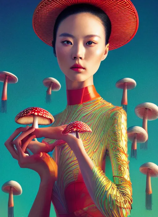 Image similar to pretty chinese model with futuristic mushroom : : by martine johanna and simon stalenhag and chie yoshii and casey weldon and wlop : : ornate, dynamic, particulate, rich colors, intricate, elegant, highly detailed, vogue, harper's bazaar art, fashion magazine, smooth, sharp focus, 8 k, octane render,