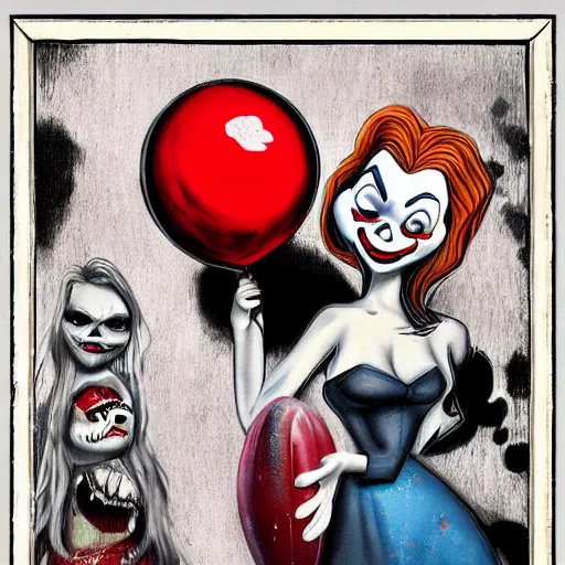 Image similar to grunge cartoon painting of margot robbie with a wide smile and a red balloon by chris leib, loony toons style, pennywise style, corpse bride style, horror theme, detailed, elegant, intricate