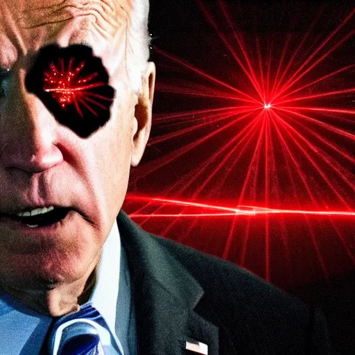 Prompt: joe biden in dark shadow very angry glowing red laser eyes, backlit, 8 k, rule of thirds, ultra detailed.