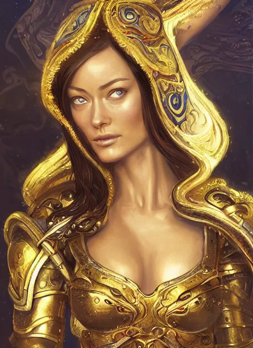 Image similar to a professional painting of a young Olivia Wilde, wearing skimpy ornate, detailed, intricate golden armor, olive skin, long dark hair, beautiful bone structure, symmetrical facial features, intricate, elegant, digital painting, concept art, smooth, nice background bokeh, illustration, from StarCraft by Ruan Jia and Mandy Jurgens and Artgerm and William-Adolphe Bouguerea