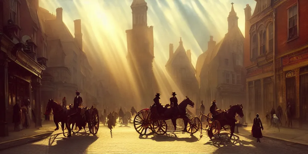 Prompt: nineteenth century london, streets, god rays, carriages with horses, classy people walking, digital art, landscape, fantasy art, octane render, ureal engine, high detail, very realistic, art by artgerm and greg rutkowski and alphonse mucha and loish and wlop