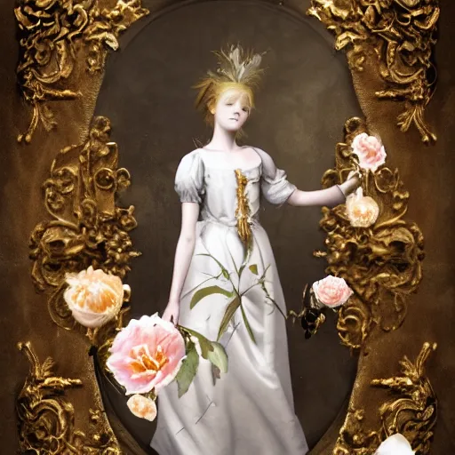 Image similar to 8k, octane render, realism, tonalism, renaissance, rococo, baroque, portrait of a young lady wearing long white and pale grey manga dress with flowers and skulls, background chaotic gold leaf flowers