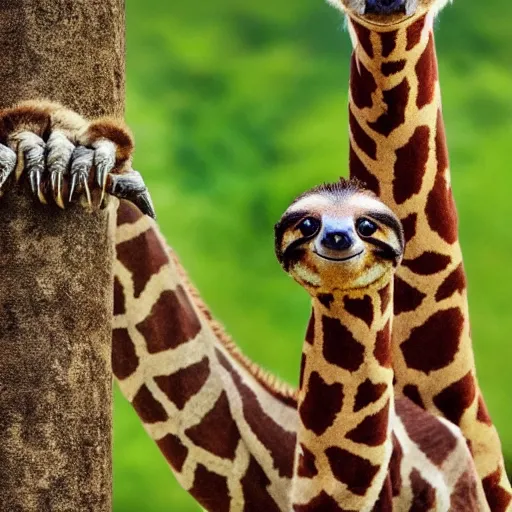 Image similar to giraffe sloth hybrid, bold natural colors, national geographic photography, masterpiece, full shot