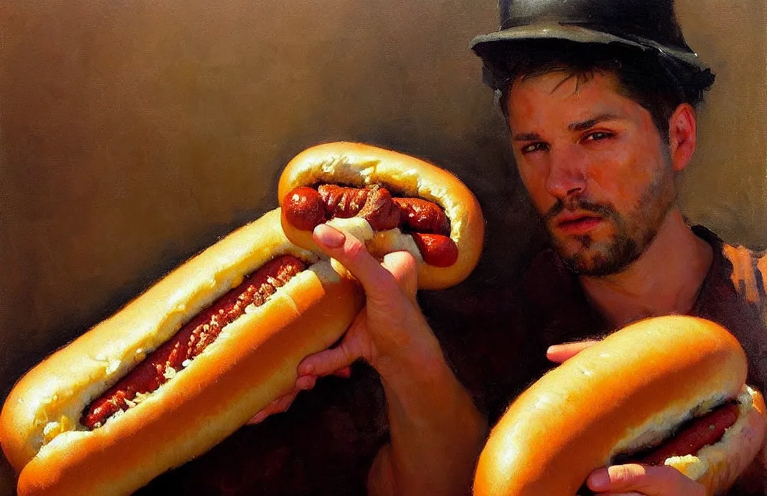 Image similar to portrait of a hot dog!!!!!!!!!!!!!!!!!!!!!!!!!!!, detailed face, detailed painting,, epic lighting, by ilya repin, phil hale and kent williams