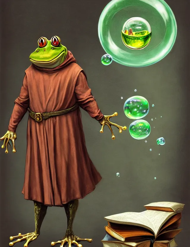 Prompt: anthropomorphic bipedal frog that is dressed as a medieval librarian, and holding a giant book, as a matte oil painting and d & d character art, by francis bacon, standing, fullbody, floating bubbles, loose pages, concept art, award - winning, extremely detailed, sharp focus