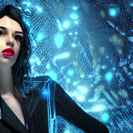 Prompt: stylish woman cartoon portrait made out of rain galaxies, pinstripe suit, cyberpunk background, octane render, unreal engine, highly detailed, trending on artstation, realistic, neon, beautiful