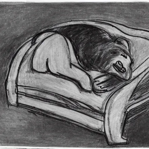 Prompt: an expressionist drawing of a bear laying in a sofa, wearing a shirt, panting because it's so warm. in a living room of the white house.