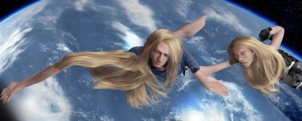 Image similar to skinny guy with long blond hair plays playstation 5 in space