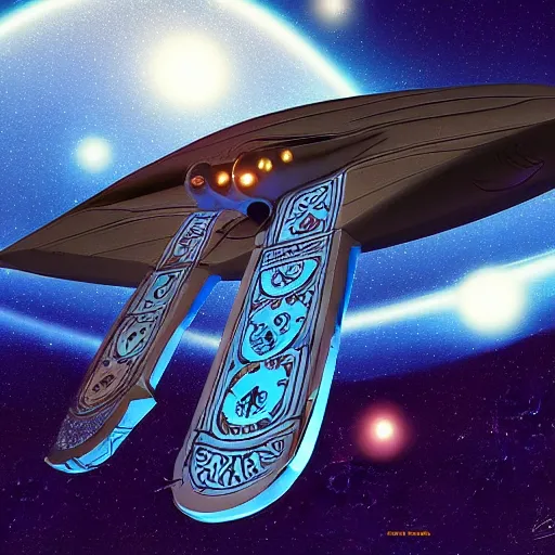 Image similar to a spaceship designed like hamsa is flying in space among the stars, digital art, futuristic