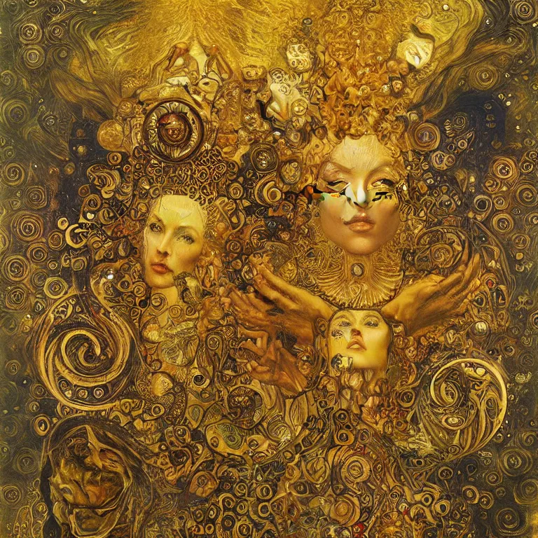 Image similar to Divine Chaos Engine by Karol Bak, Jean Deville, Gustav Klimt, and Vincent Van Gogh, visionary, sacred fractal structures, ornate gilded medieval icon, spirals, 8k 3D