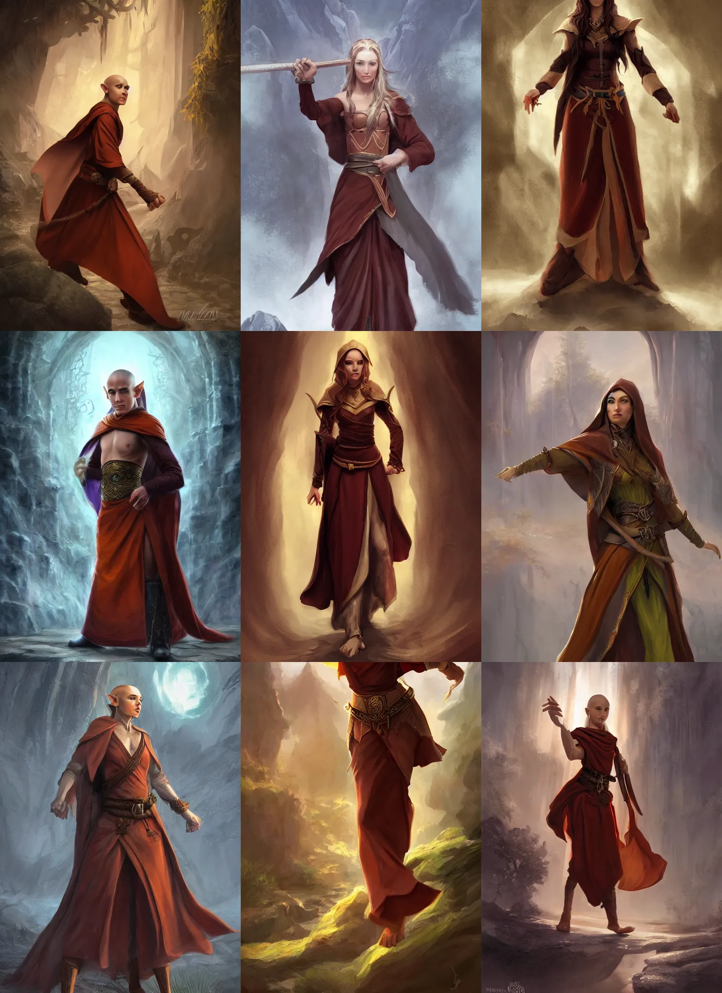 Prompt: beautiful half elf monk, young, full body longcoat, fisting, high fantasy, digital illustration, by michael komarck