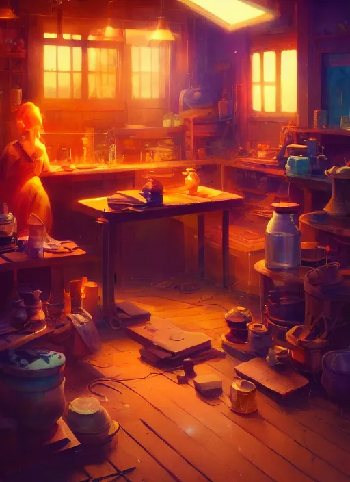 Image similar to beautiful interior of a cozy woodworker shop, james gilleard, delphin enjolras, goro fujita, makoto shinkai, paul lehr, volumetric lighting, exquisite lighting, octane render, very coherent, trending on artstation