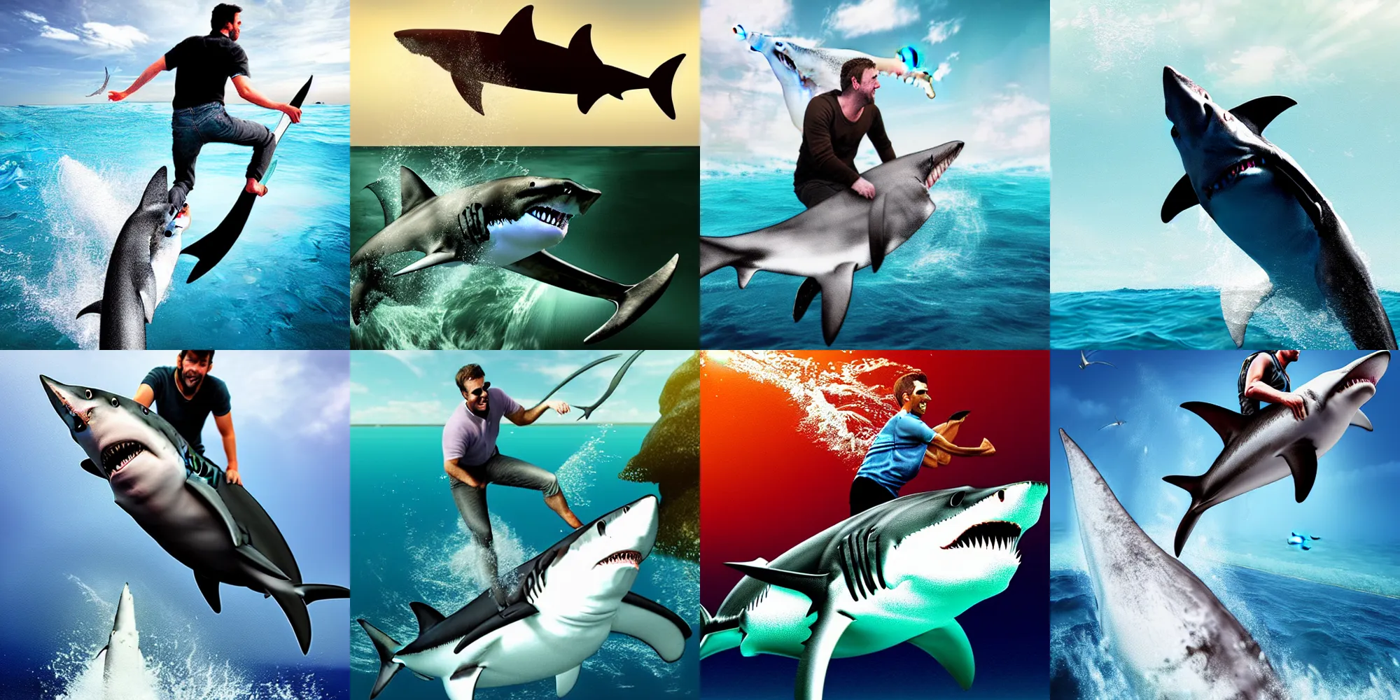 Image similar to Man riding a shark photorealistic photo