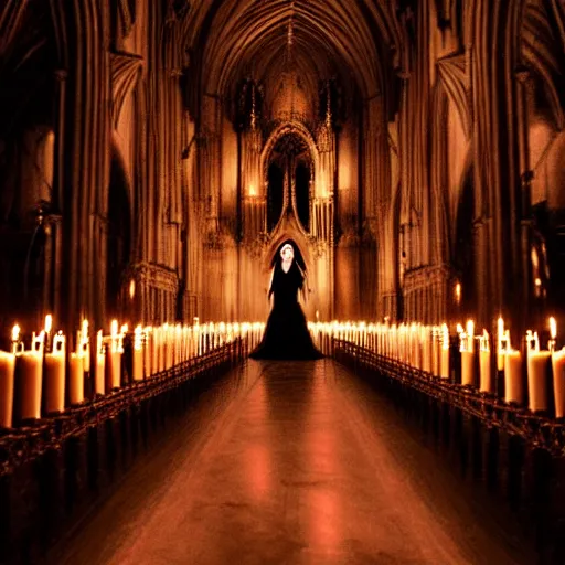 Image similar to a photograph of a beautiful gothic girl inside a dark gothic cathedral illuminated by candles, impressive scene. grainy and rough. soft colour scheme.