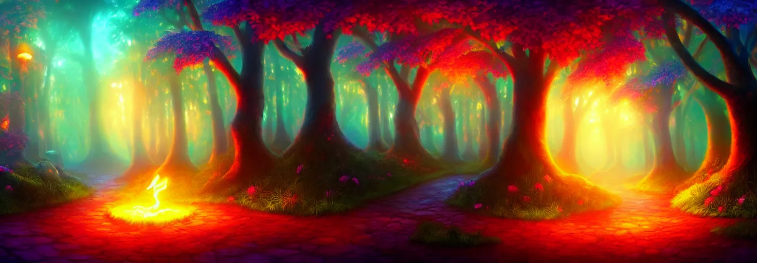 Image similar to enchanted magical forest on magical colorful fire , digital painting , digital art , artstation , devian art , 4k , HD