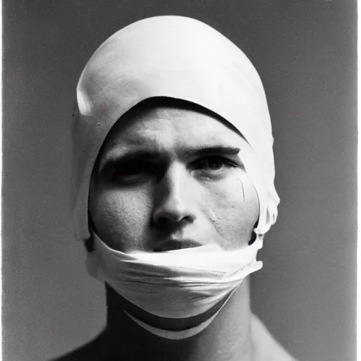 Prompt: a man wearing bandages on face, head covered in bandages