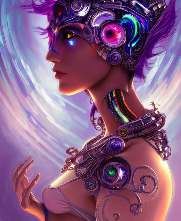 Image similar to a whirlwind of souls rushing inside the metaverse, half body, jewelry, fashionable haircut, pharaoh, android, cyborg, cyberpunk face, by loish, d & d, fantasy, intricate, elegant, highly detailed, colorful, vivid color, digital painting, artstation, concept art, art by artgerm and greg rutkowski and alphonse mucha