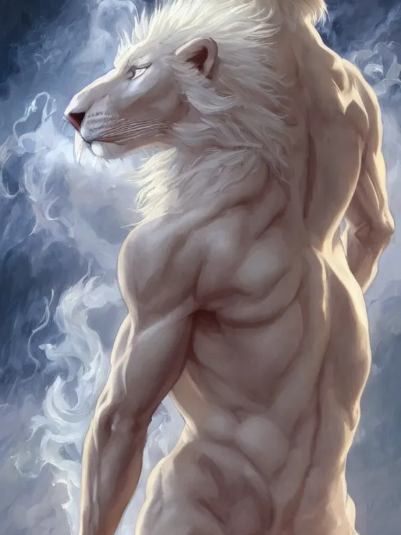 Image similar to muscular male albino anthropomorphic anthro furry white lion summoner with a fire elemental, fantasy, man, intricate, elegant, highly detailed, digital painting, artstation, concept art, wallpaper, smooth, sharp focus, illustration, art by artgerm and greg rutkowski and alphonse mucha