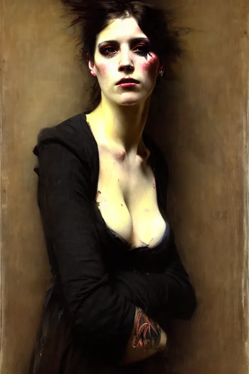 Image similar to solomon joseph solomon and richard schmid and jeremy lipking victorian genre painting full length portrait painting of a young beautiful woman punk rocker