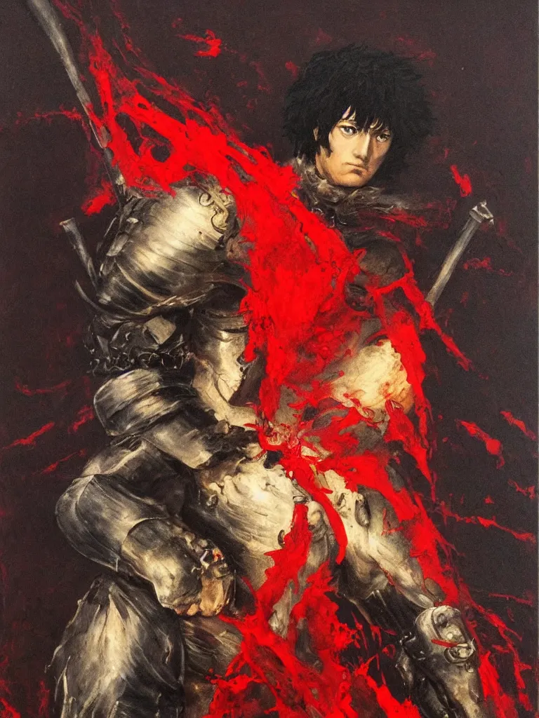 Prompt: the black swordsman guts from berserk painted by francisco de goya, red background, oil painting, romanticism painting, highly detailed, 4 k