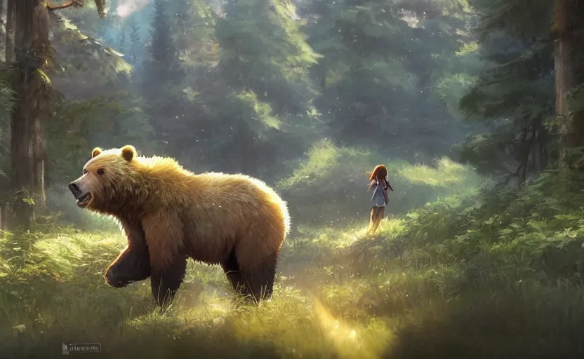 Image similar to anime scene of a girl riding a grizzly bear in the woods, full shot, atmospheric lighting, detailed faces, by makoto shinkai, stanley artgerm lau, wlop, rossdraws