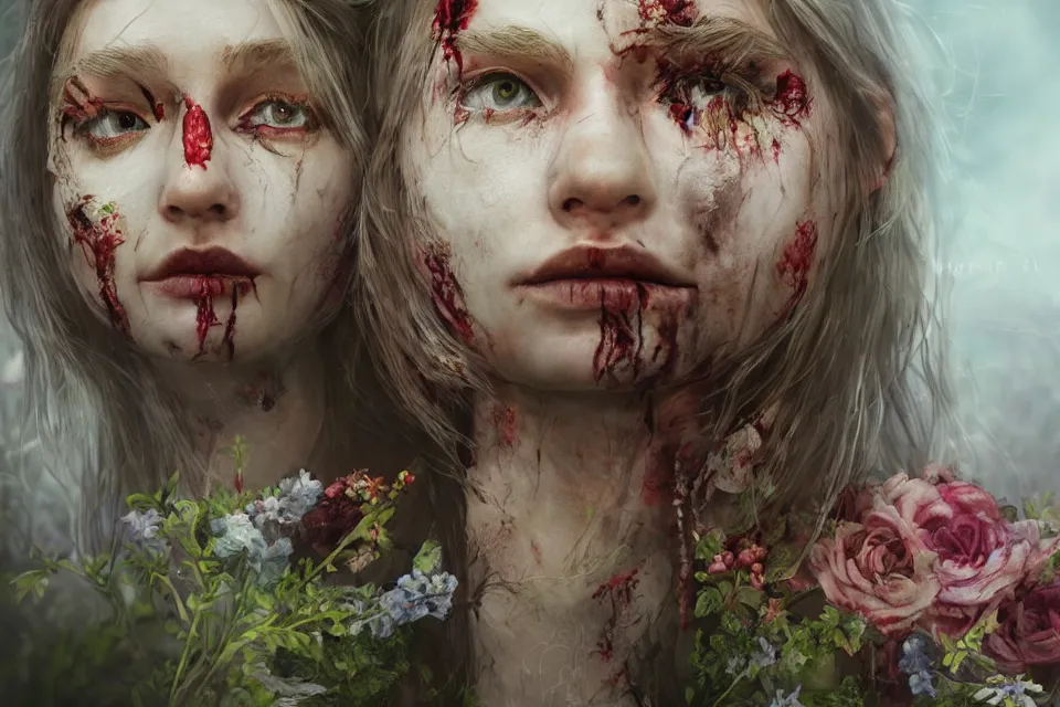 Prompt: Midsommar May Queen Zombie Portrait, Trending on ArtStation, beautiful aesthetic, photorealistic, volumetric lighting, hyperrealistic, octane render, HDR, photorealistic, bokeh