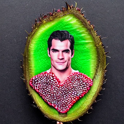 Image similar to dragonfruit portrait of henry cavill, made of dragonfruit seeds, inside a dragonfruit