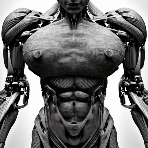 Image similar to a muscular humanoid cyborg consisting of human parts and robot parts, 8 k, highly detailed, realistic, refined, bautiful, fine art photography, hyper realistic, photo realistic, elegant, sharp focus, majestic, award winning picture, intricate, artstation