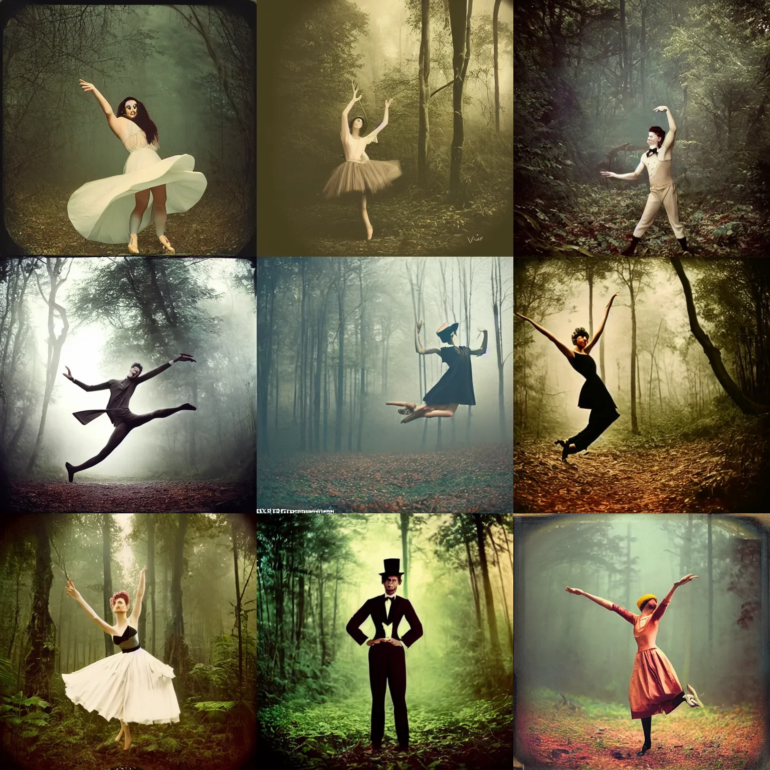 Prompt: 1960!! epic pose!!! Whimsical dancing magician , in deep forest jungle , full body , Cinematic focus, Polaroid photo, vintage , neutral dull colors, soft lights, foggy sunset , by oleg oprisco , by national archives, by discovery channel, by victor enrich , by gregory crewdson