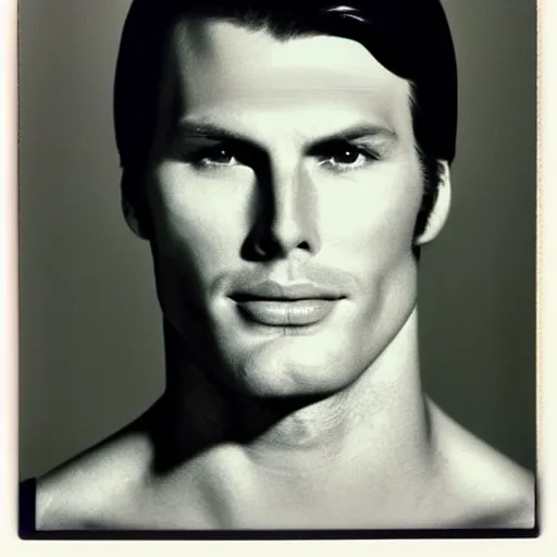 Image similar to Mugshot Portrait of Christopher Reeves, taken in the 1970s, photo taken on a 1970s polaroid camera, grainy, real life, hyperrealistic, ultra realistic, realistic, highly detailed, epic, HD quality, 8k resolution, body and headshot, film still, front facing, front view, headshot and bodyshot, detailed face, very detailed face