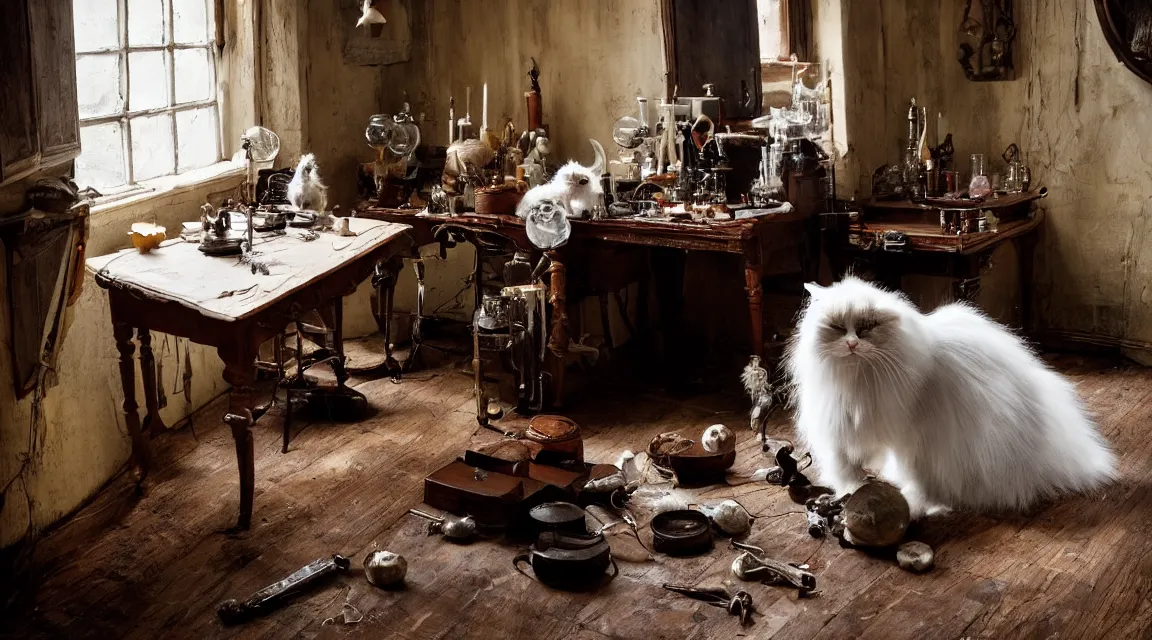 Image similar to full body protrait beautifull witch with white hair in old room. A cristal ball on a wood table with a potions and old instruments. A cat on the floor licking his paw. photorealistic, profesional photo, by Steve McCurry