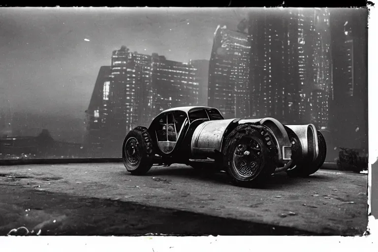 Image similar to cyberpunk 1 9 2 6 bugatti type 3 5 by paul lehr, jesper esjing, metropolis, view over city, vintage film photo, damaged photo, scratched photo, scanned in, old photobook, silent movie, black and white photo