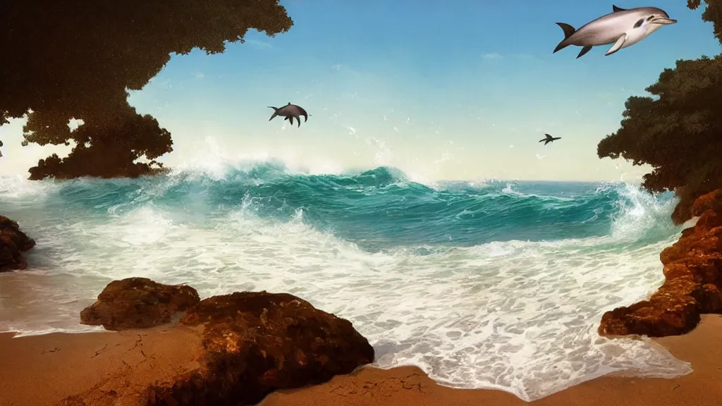 Prompt: first person view of breaking waves on the shore, summer, clear beautiful sky, bright sky, dolphins 🐬 jumping and playing near the shore, peaceful, amazing, by andreas rocha and john howe, and Martin Johnson Heade, featured on artstation, featured on behance, golden ratio, ultrawide angle, f32, well composed