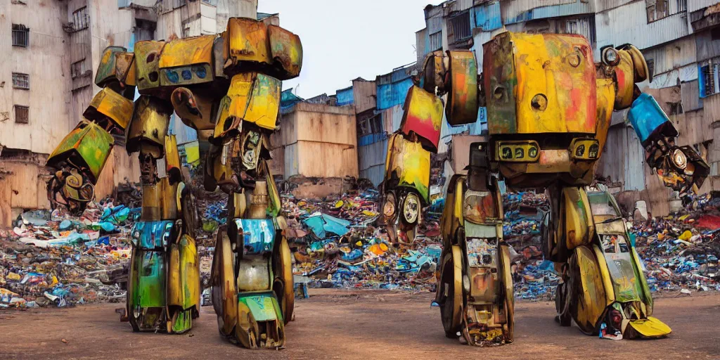 Image similar to colourful - damaged - giant mecha ROBOT of AJEGUNLE SLUMS of Lagos, markings on robot, Golden Hour, in the style of Ghibli,