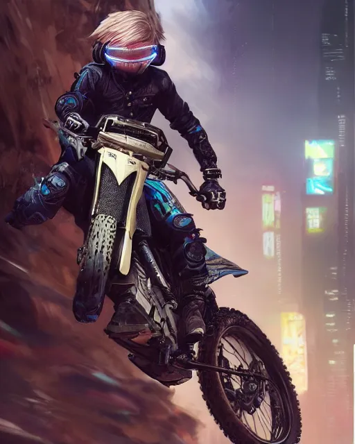 Image similar to beautiful blonde teenage boy wearing cyberpunk intricate streetwear riding dirt bike, beautiful, detailed portrait, cell shaded, 4 k, concept art, by wlop, ilya kuvshinov, artgerm, krenz cushart, greg rutkowski, pixiv. cinematic dramatic atmosphere, sharp focus, volumetric lighting, cinematic lighting, studio quality