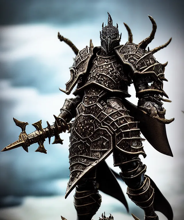 Image similar to hyperrealistic rendering, epic dark souls boss, ornate supreme demon overlord, jewel crown, war armor battle, by art of skinner and richard corben, product photography, collectible action figure, sofubi, hottoys, storm clouds, outside, lightning